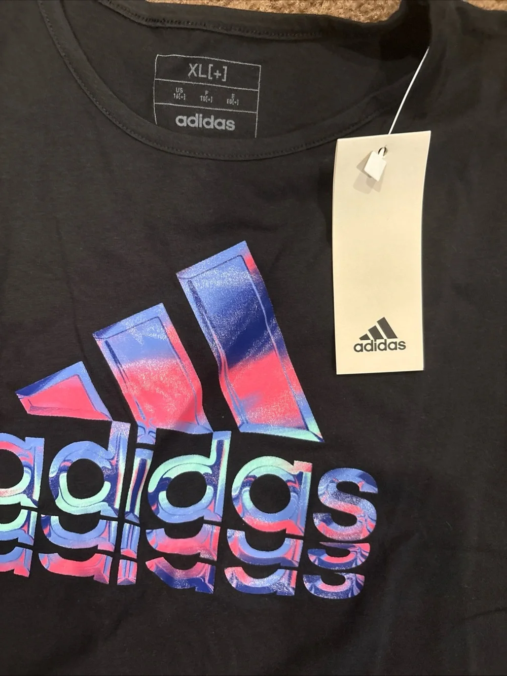 adidas big Kids size 16(XL) Black Logo Tee with Holographic Accent NWT